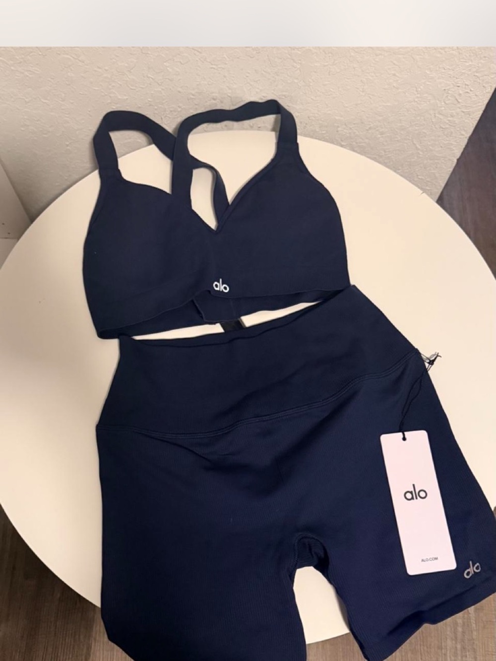 ALO Yoga Navy Ribbed Bra and High-Waist Shorts Set